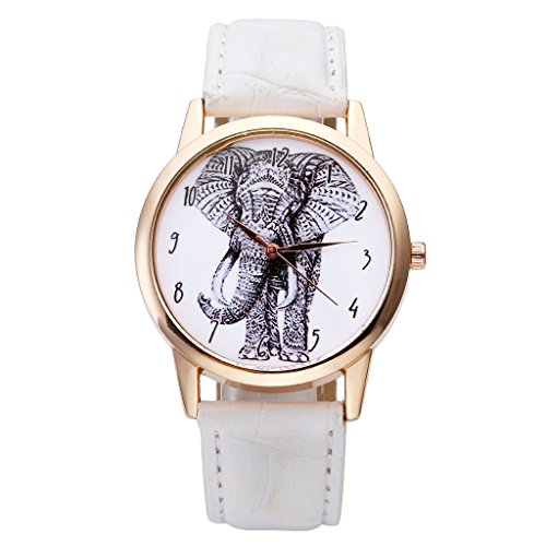 JSDDE Uhren Vintage Skizze Elefant Zifferblatt Armbanduhr Leder Armband Analog Quarz Uhr Weiss