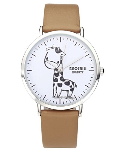JSDDE Uhren Vintage Cute Cartoon Skizze Giraffe Armbanduhr Damen Lederarmband Analog Quarzuhr Khaki