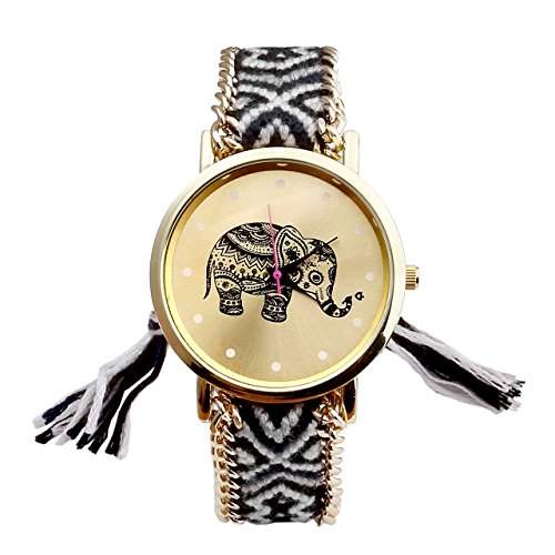 JSDDE Uhren, Damen Ethnisch Elefant Muster gestrickt gewebte Seil Band Armbanduhr Quarzuhr, Schwarz+Weiss