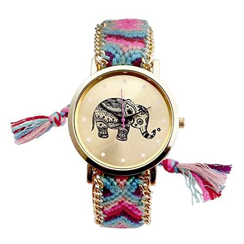 JSDDE Uhren, Damen Ethnisch Elefant Muster gestrickt gewebte Seil Band Armbanduhr Quarzuhr, Rosa+Gruen