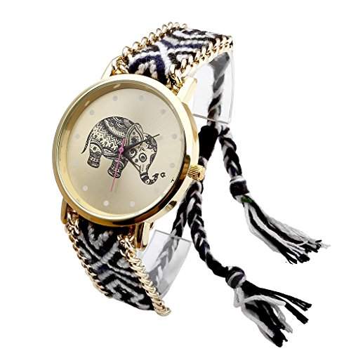 JSDDE Uhren, Damen Ethnisch Elefant Muster gestrickt gewebte Seil Band Damenuhr Armbanduhr QuarzuhrSchwarz+Weiss
