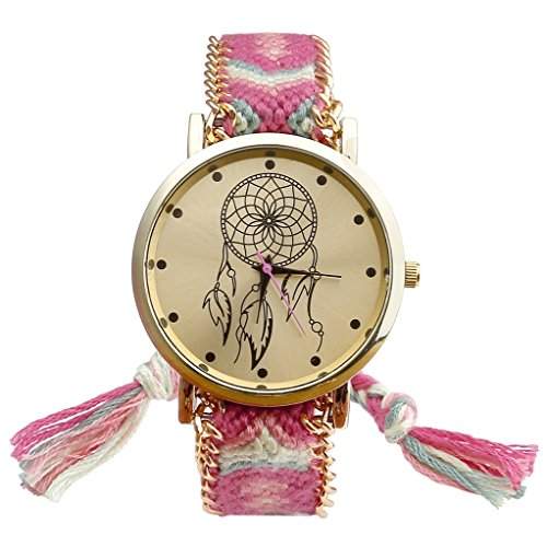 JSDDE Uhren,Damen Ethnisch Dreamcatcher Traumfaenger Freundschaft Braid Armbanduhr gewebte Seil Band Quarzuhr,Gruen+Pink