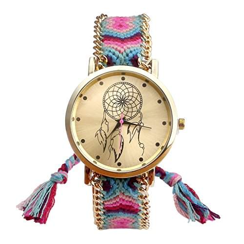 JSDDE Uhren,Damen Ethnisch Dreamcatcher Traumfaenger Freundschaft Braid Armbanduhr gewebte Seil Band Quarzuhr,Rosa+Gruen