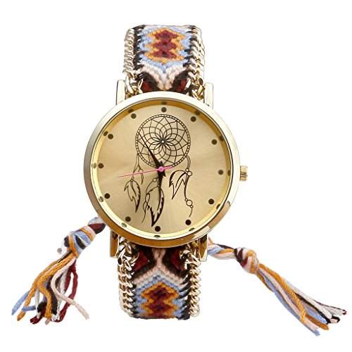 JSDDE Uhren,Damen Ethnisch Dreamcatcher Traumfaenger Freundschaft Braid Armbanduhr gewebte Seil Band Quarzuhr,Orange+Schwarz