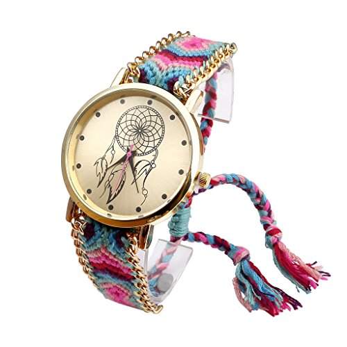 JSDDE Uhren,Damen Ethnisch Dreamcatcher Freundschaft Braid Armbanduhr gewebte Seil Band QuarzuhrRosa+Gruen