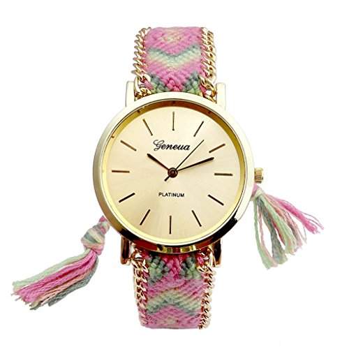 JSDDE Uhren,Genf Platinum Damen Ethnisch Blogger Hipster Vintage Uhr Braid Seil Band Analog Quarzuhr,Gruen+Pink