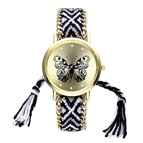JSDDE Uhren,Damen Ethnisch Schmetterling Butterfly Freundschaft Braid Armbanduhr gewebte Seil Band Quarzuhr,Schwarz+Weiss