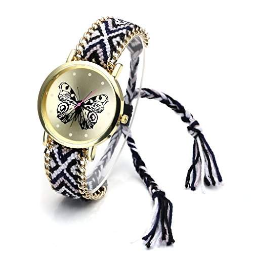 JSDDE Uhren, Damen Ethnisch Schmetterling Muster gestrickt gewebte Seil Band Damenuhr Armbanduhr QuarzuhrSchwarz+Weiss