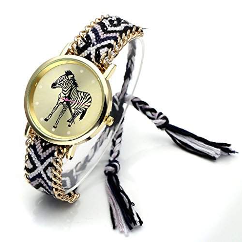JSDDE Uhren, Damen Ethnisch Zebra Muster Legierung gestrickt gewebte Seil Band Damenuhr Armbanduhr QuarzuhrSchwarz+Weiss