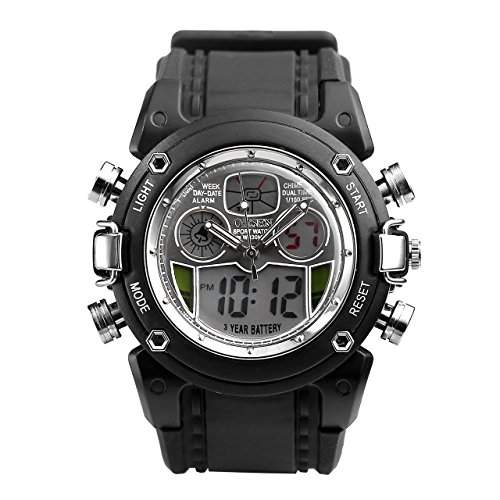 JSDDE Uhren,Herren Analog-Digital Armbanduhr Multifunktion LCD LED Sportuhr Silikon Quarzuhr,Schwarz