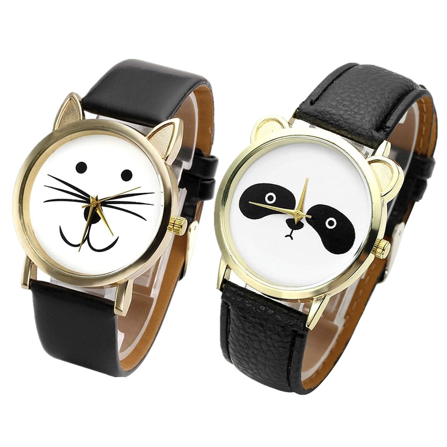 JSDDE Uhren,Maedchen Nette Reizend Panda&Katze-Muster Armbanduhr Faux Leder-Band Analog Quarzuhr Weihnachten GeschenkSchwarz