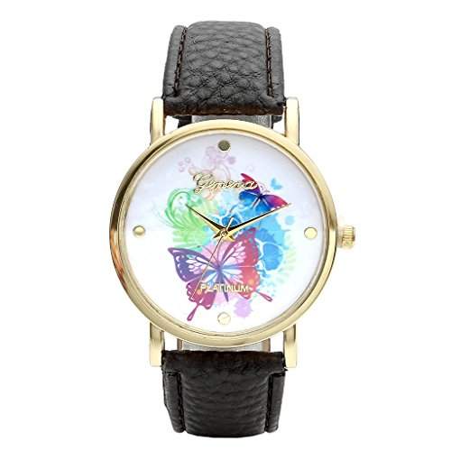 JSDDE Uhren,Genf Vintage Damenmode Bunt Schmetterling Blumen Armbanduhr Damenuhr PU Lederarmband Analog Quarzuhr,Schwarz