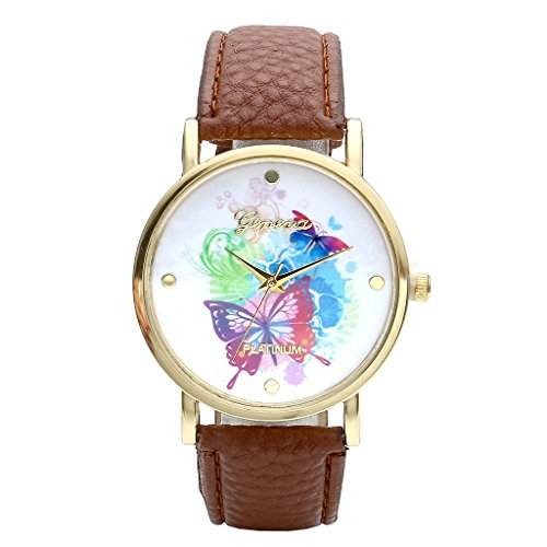 JSDDE Uhren,Genf Vintage Damenmode Bunt Schmetterling Blumen Armbanduhr Damenuhr PU Lederarmband Analog Quarzuhr,Kaffee