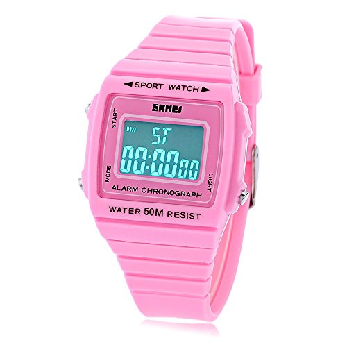 Leopard Shop SKMEI 1136 Unisex Sport Alarm LED Luminous Datum Display Gummi Band 50 m Wasser Widerstand Armbanduhr Pink