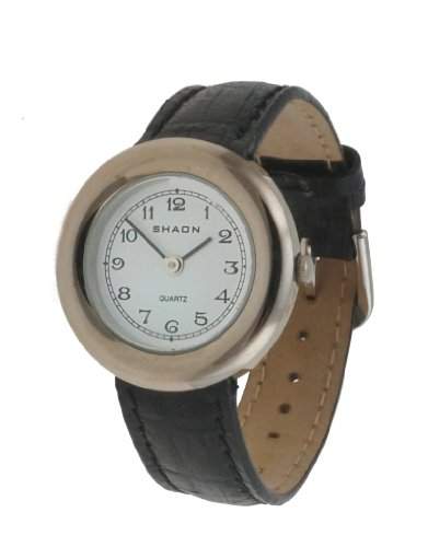SHAON Womens Watch Black Leather Band with White Dial