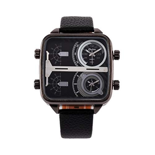 PIXNOR Oulm 3377 Maenner grosse quadratische Zifferblatt Dualzeit Anzeige Quarz Armbanduhr schwarz