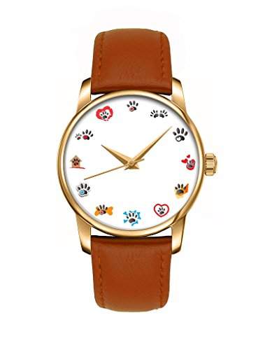 Geschenk Armbanduhr, Golden braun Damenuhr Leder Armbanduhr mit Hund Fussspuren OOFIT Design