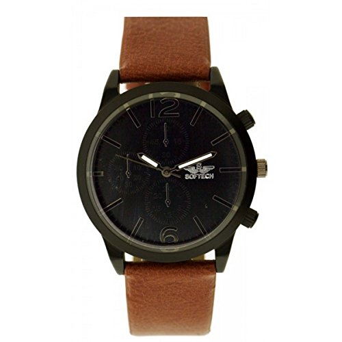 Softech Maenner s schwarz Dial Gesicht Brown PU Leder Strap Chronograph Wrist Watch Analog Quarz mit eine Extra Batterie