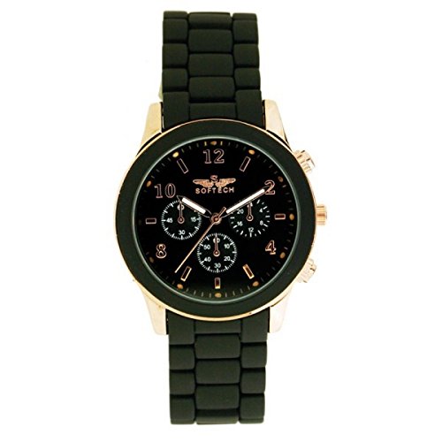 Softech Damen schwarz Rose Gold gummierter Metall Armband Chronograph Wrist Watch Analog Quarz zusaetzlichen Akku