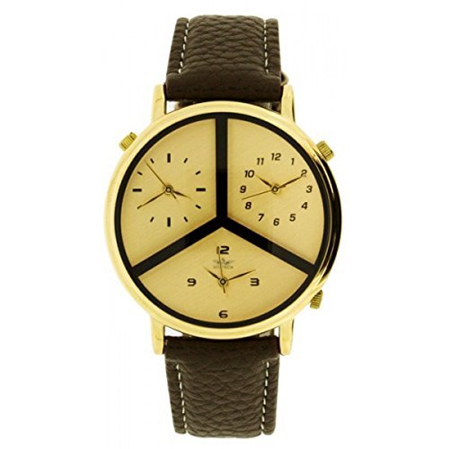 Softech Maenner s drei Zeitzone Braun Leder Armband Gold Zifferblatt Analog Uhr Quarz