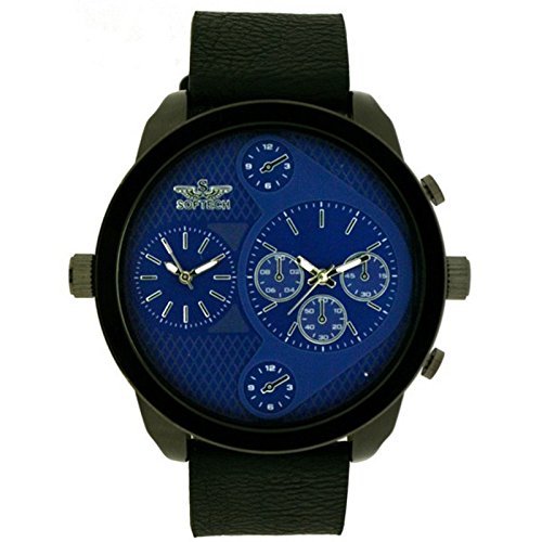 Softech Maenner s zwei Zeitzone schwarzes Leder Armband blau Analog Uhr Quarz