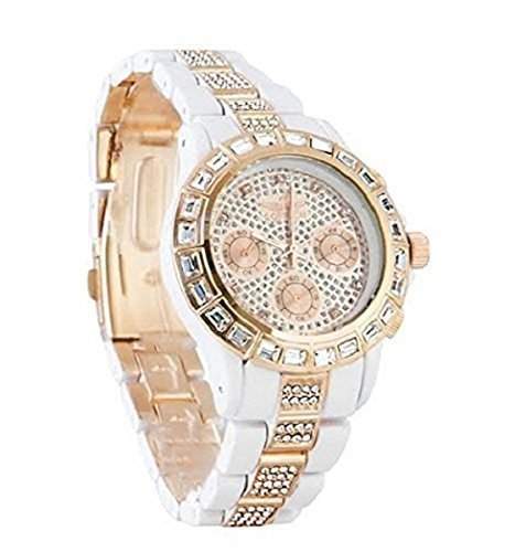 SOFtech Diamante Gesicht & Designer weiss & Rose Gold Armbanduhr, Extra Batterie Armband