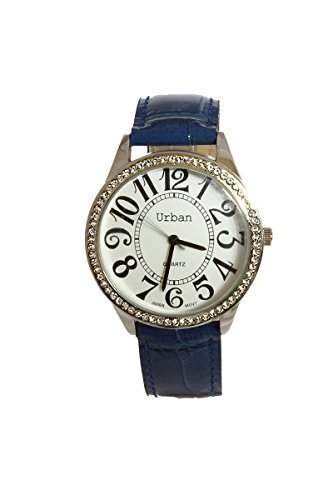 Frauen s blaue PU Leder Armband versilbert grosse Zifferblatt Diamante Gesicht zusaetzliche Uhrenbatterie
