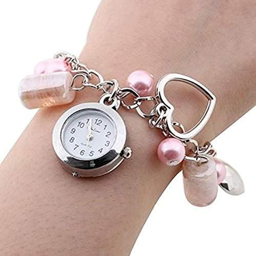 SSITG Uhr Damen Modeuhr Armbanduhr Quarzuhr Armkette Uhr Pink Kunstperlen Herz Geschenk Gift Watsch