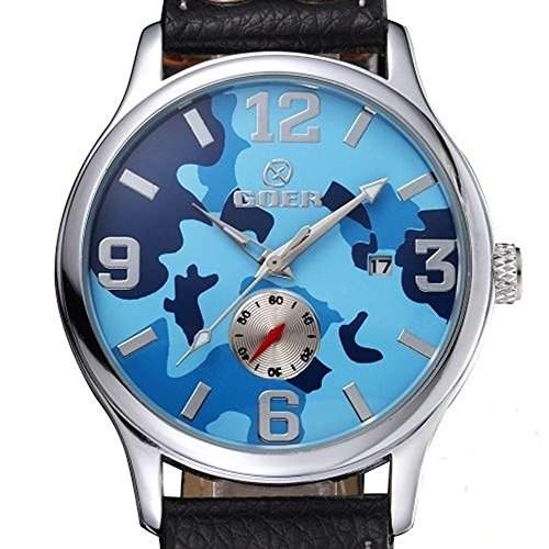 SSITG Uhr Automatik Mechanisch Herren Armbanduhr Uhr Leder Woodland Camo Blau Watch Geschenk Gift