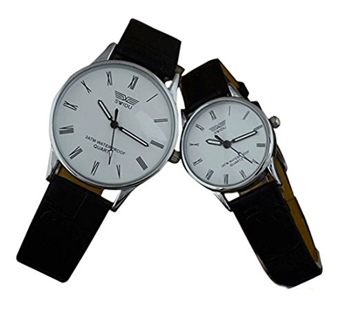 SSITG Paar Partneruhren Leder Armband Quarzuhr roemische Ziffern Armbanduhr Geschenk schwarz weiss