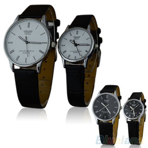SSITG Paar Partneruhren Leder Armband Quarzuhr roemische Ziffern Armbanduhr Geschenk schwarz