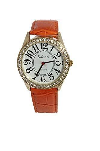 Damen Uhr PU Leder Orangenes Armband Goldbeschichtet Diamant Ziffernblatt Quartz Analog
