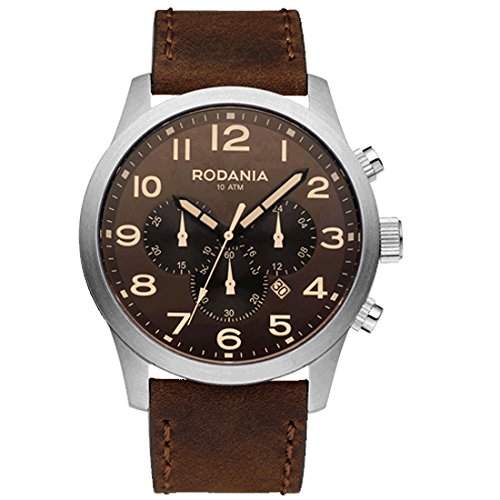 Rodania Herren 46mm Chronograph Braun Leder Armband Mineral Glas Uhr 26116-25