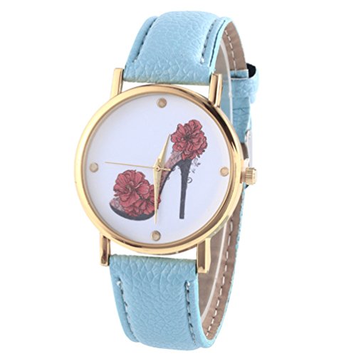 HITOP Vintage Retro Schuhe mit hohen Absaetzen Blumen Armbanduhr Basel Stil Leather Quarz Lederarmband Uhr Damen Hellblau