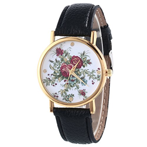 HITOP Damen Retro Vintage Kamelie Muster Armbanduhr Leather Quarz Lederarmband Uhr schwarz