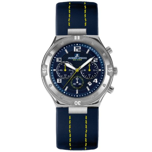 Jacques Lemans 1 1483C Chronograph Uhr Lederarmband Edelstahl 100m Analog Chrono Datum blau