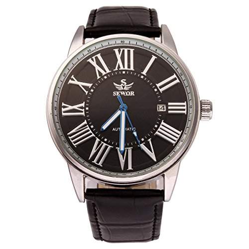 Uniquebella roemische Ziffern Uhr Leder Automatik Mechanische Kalender Herrenuhren Armbanduhr Silber Dial Schwarz