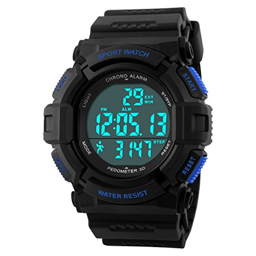 UNIQUEBELLA Armbanduhr 1116 Multifunktional LED Digitaluhr Klassisch Sportuhr Pedometer Silikon Wasserdicht Blau