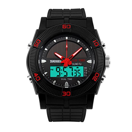 UNIQUEBELLA Mode Armbanduhr Multifunktional LED Solar Digitaluhr Bunt Sportuhr Kinder Herren Jungen Silikon Wasserdicht Rot
