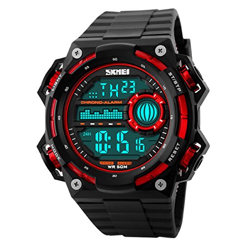 UNIQUEBELLA Armbanduhr 1115 Multifunktional LED Digitaluhr Klassisch Sportuhr Silikon Wasserdicht Rot