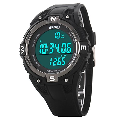 UNIQUEBELLA Armbanduhr 1141 Multifunktional LED Digitaluhr Klassisch Sportuhr Pedometer Silikon Wasserdicht Schwarz