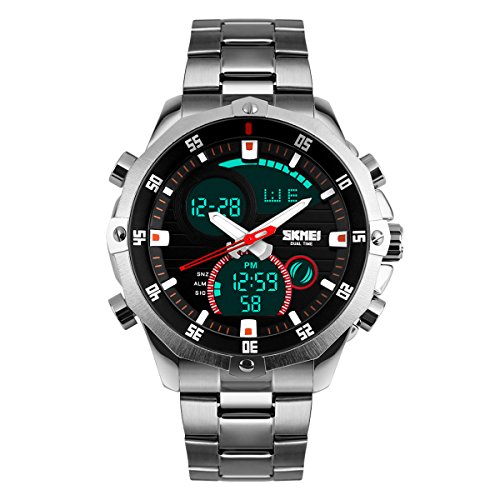 UNIQUEBELLA Armbanduhr 1146 Multifunktional LED Digitaluhr Klassisch Sportuhr Grosses Zifferblatt Edestahl Wasserdicht Silber