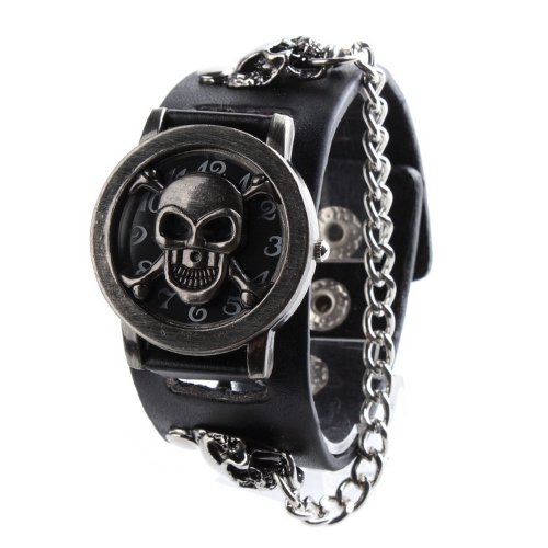 UNIQUEBELLA Punk Gothic Element Armbanduhr Nieten Schaedel Metall Kette Lederarmband Herren Geschenk Watch Gift 9