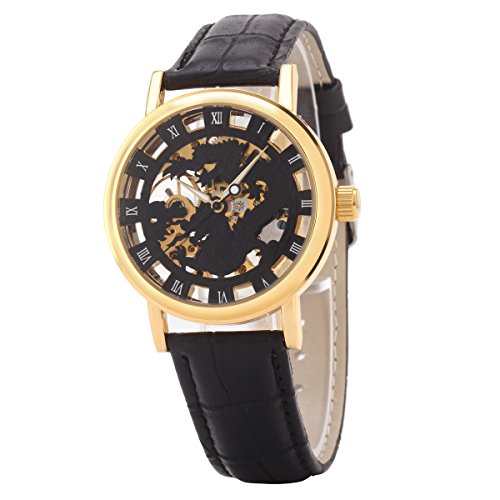 UNIQUEBELLA Uhr Handaufzugswerk Mechanisch Uhr Herren Skelettuhr Watch Schwarz Golden Leder mit Etui