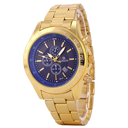 UNIQUEBELLA Quarzuhr mit Golden Armband aus Metall Datumanzeige Blau Design unecht in Chronograph Optik