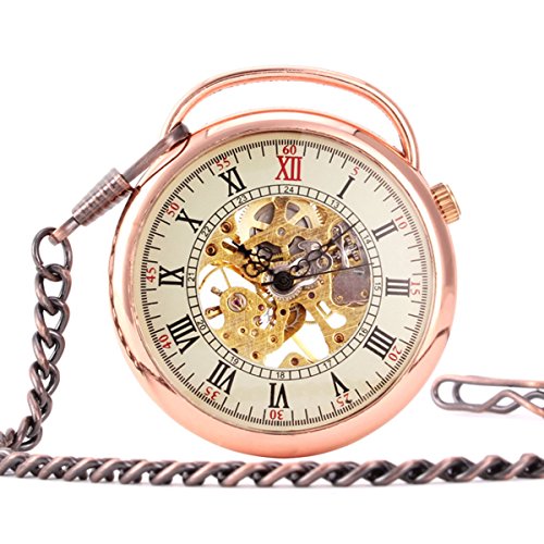 UNIQUEBELLA Herren Damen Taschenuhr Handaufzug mechanische Taschenuhr Skelett Uhr Rosa Gold F200