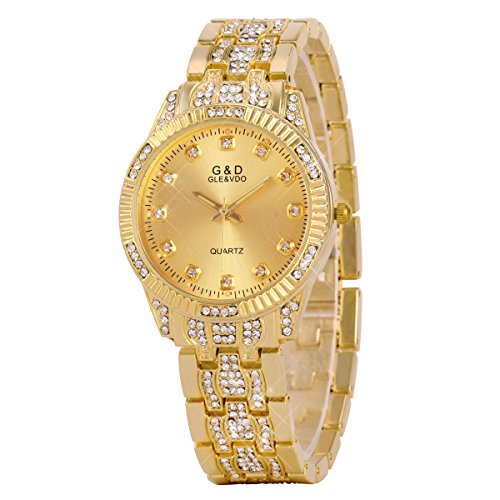 UNIQUEBELLE Luxus Ladies Dress Analog Quarz Edelstahl Armreifen Armkette Kristalle Watch Gift Golden