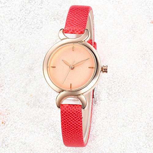 R-timer HYJ Frauen-Armbanduhren H346 Quarz Analog Leder-beilaeufige Kleid-klassisches Uhr Red