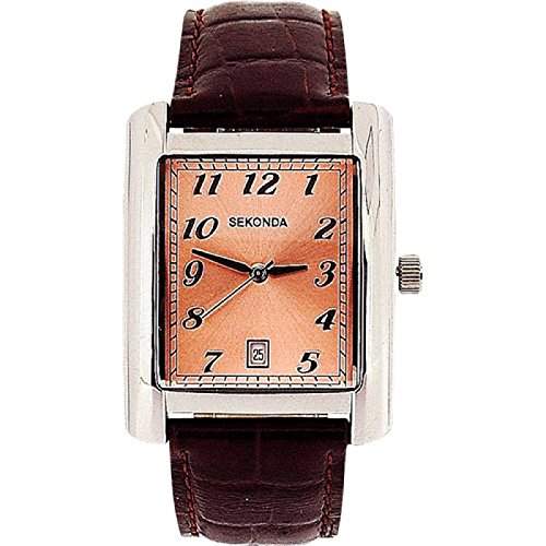 SEKONDA Analoge Herren-Freizeit-Armbanduhr mit pinkfarbenem Ziffernblatt, Datumsanzeige und weinrotem Lederarmband 3373