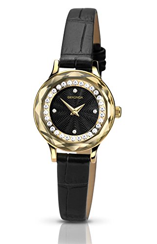 Sekonda Damen schwarz vergoldet Stone Set Kleid Armbanduhr Schwarz Gurt 2279